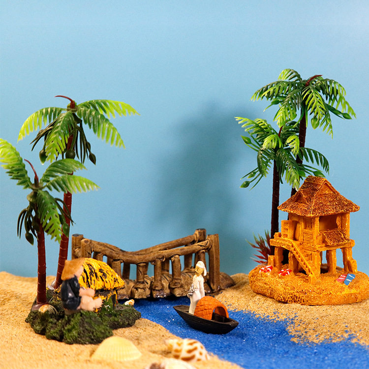 鱼缸布景树脂椰树房子装饰水族箱造景微景观摆件水草组合