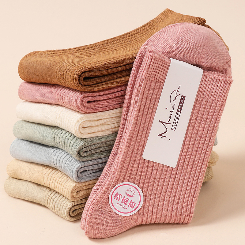 袜子女中筒袜纯棉春秋黑白色