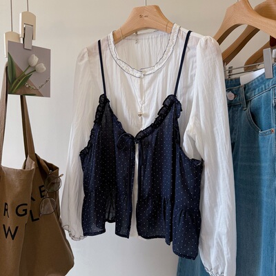 韩国波点吊带衬衫两件套长袖小衫