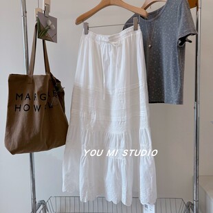 奶油白月光 a字显瘦百褶裙刺绣白裙子女 韩国设计感高腰抽绳中长款