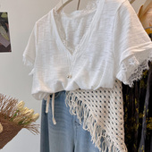 韩国one T恤女tee 巨显瘦V领蕾丝花边竹节棉短袖 自留2件 太好穿