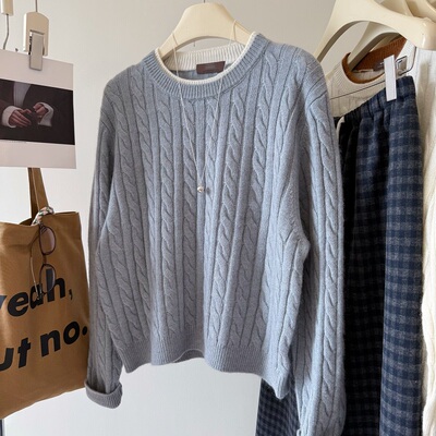 韩国双领山羊绒绵羊毛麻花毛衣