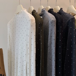 多色囤!温柔气质木耳边领甜美波点细羊毛半高领打底衫套头毛衣女