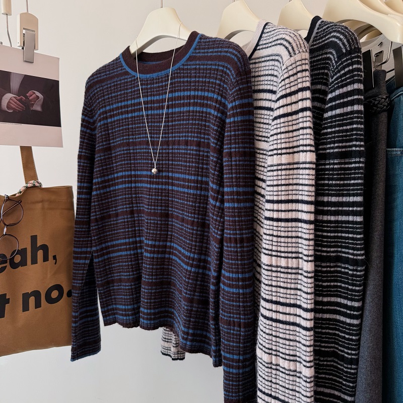 韩国山羊绒绵羊毛立体条纹毛衣女