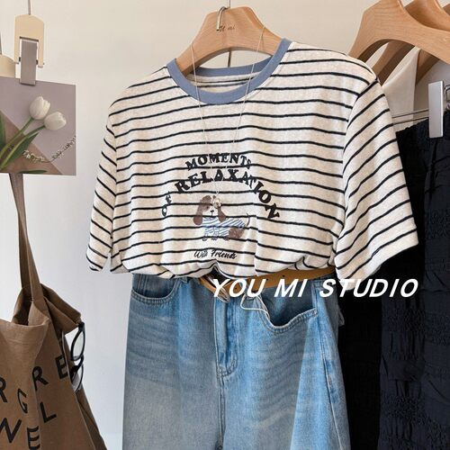 韩国萌宠狗狗撞色条休闲条纹T恤