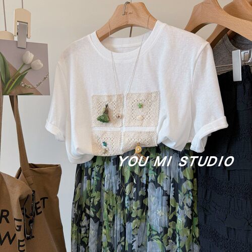 四方格蕾丝流苏贝壳舒适棉短袖T