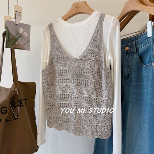 韩货高品镂空勾花无袖针织背心女
