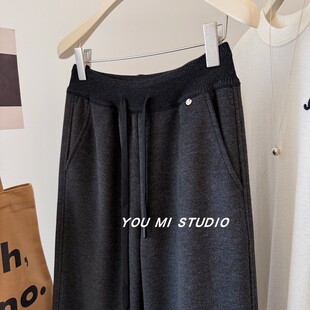 舒适度拉满!%2.3羊驼绒 加绒毛呢阔腿裤 宽边针织高腰休闲裤女冬