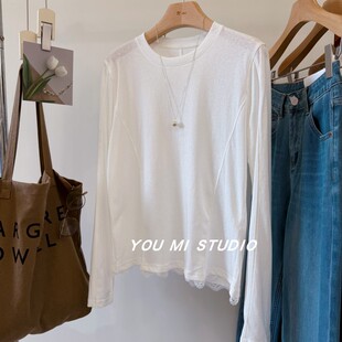 软糯舒适圆领百搭雪花棉纯色打底衫 蕾丝下摆 T恤女 b入 巨巨推荐