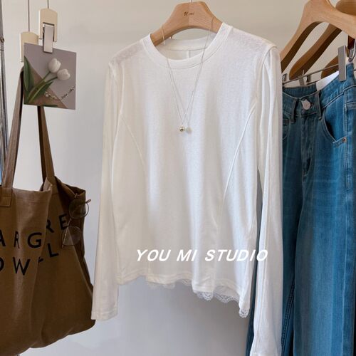 巨巨百搭蕾丝花边雪花棉纯色T恤