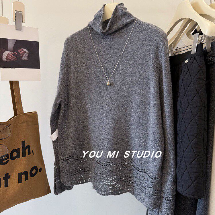 韩国高端定制 %10山羊绒下摆袖口立体刺绣钩花内搭高领针织衫女冬