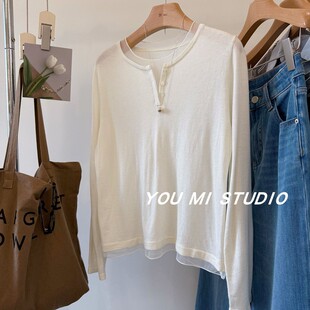 针织衫 超软糯细羊毛圆领宽松显瘦薄款 女 温柔网纱领拼接 两色B入