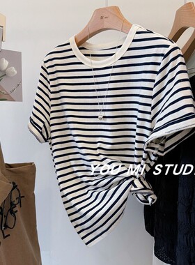 韩国bududu %100棉经典条纹圆领宽松舒适百搭休闲短袖T恤女上衣