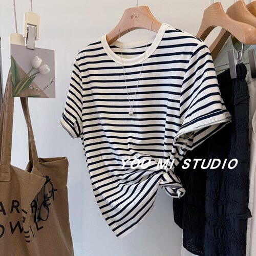韩国bududu100棉经典条纹短袖t