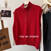 超正 背心女 立领单排扣叠穿针织马甲无袖 大红色 绵羊毛兔毛混纺
