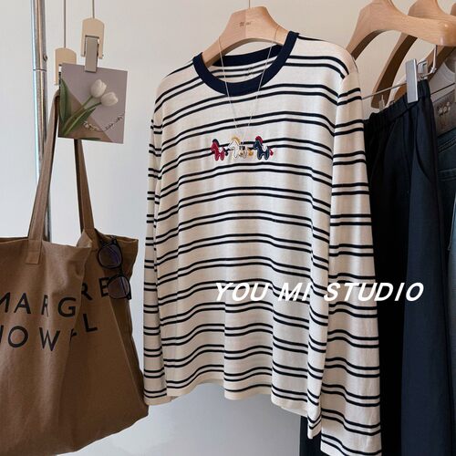 韩国三个小马刺绣莱赛尔条针织衫