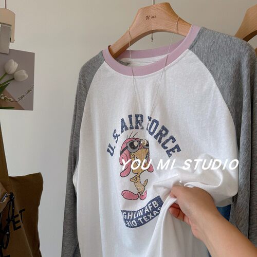 韩系氛围感小黄鸭插肩袖宽松T恤