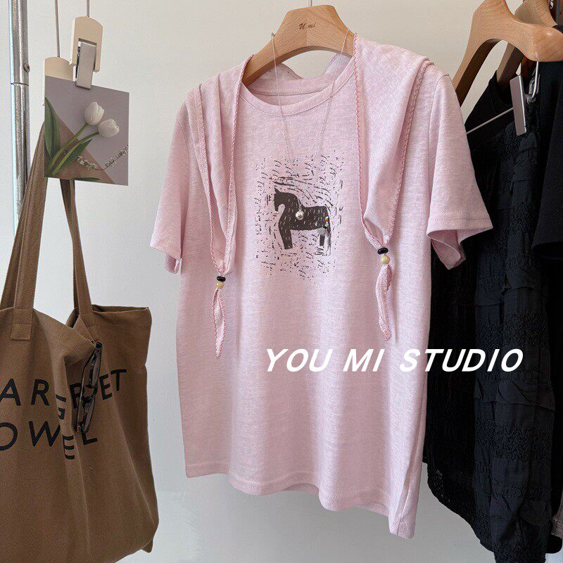 流苏马儿印花~配披肩 舒适透气雪花棉圆领宽松百搭短袖两件套T恤