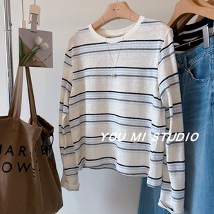 条纹t恤女 下摆贝壳圆领宽松长袖 海盐清新蓝条纹 麻感舒适透气棉