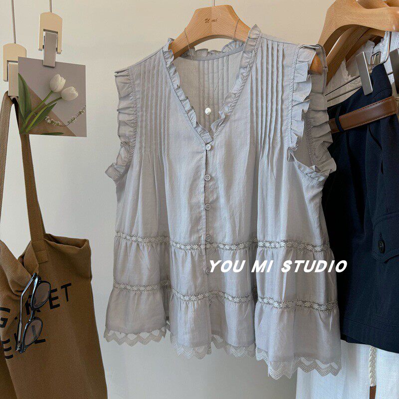温柔夏日苎麻莱赛尔V领花边小衫图片