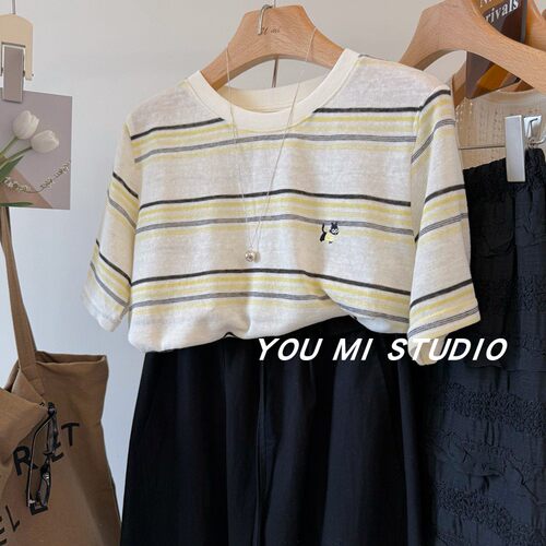 趣味可爱小猫刺绣舒适透气条纹T