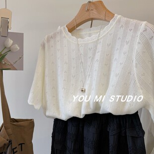 小芭蕾~蕾丝摆 满印小爱心亲肤舒适圆领显瘦短袖蕾丝衫 小衫女夏