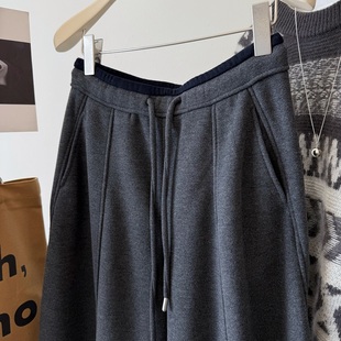 女冬 腰头拼色线条裁剪休闲毛呢裤 一条过冬 %3羊毛人棉加绒弯刀裤