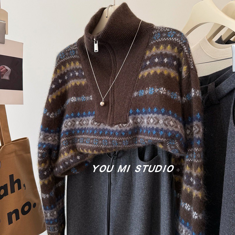 复古费尔岛提花山羊绒绵羊毛毛衣