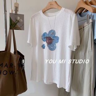 五瓣太阳花 韩国爽滑舒适雪花棉宽松圆领薄款短袖T恤女休闲上衣