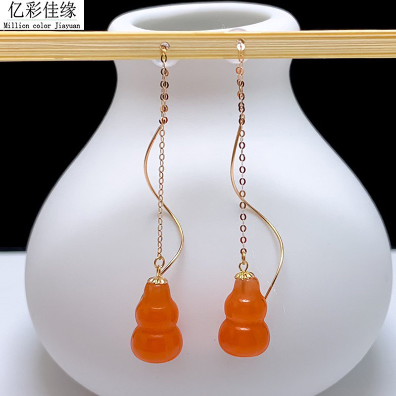 18K黄金耳线玫瑰金耳饰 天然南红耳环 女本命年饰品 带证书