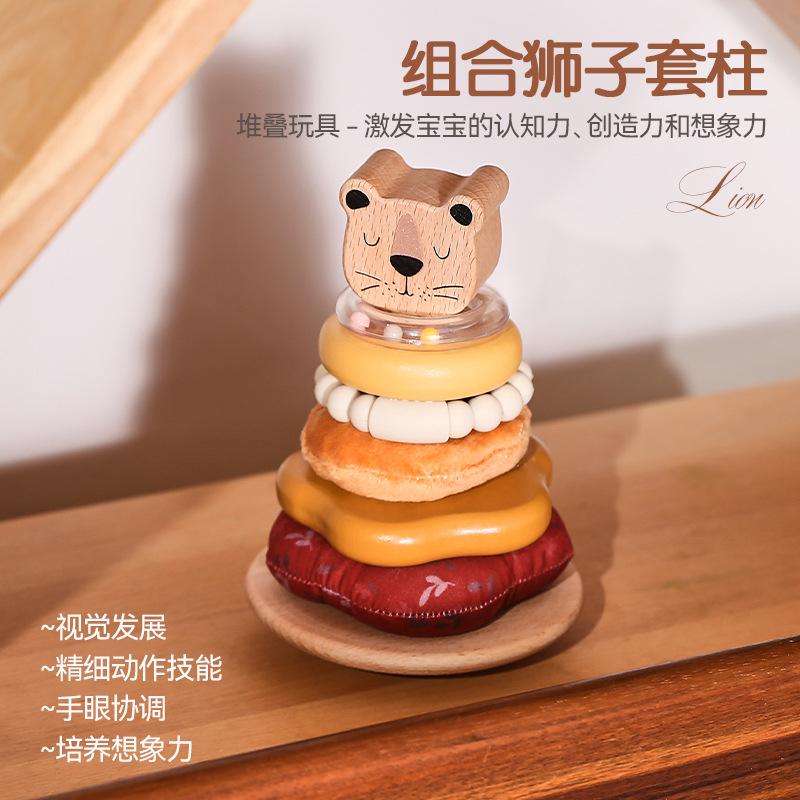 蒙氏叠叠高狮子套柱启蒙多功能六面体忙碌盒推车巴士木制车跨境