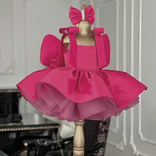 欣入荷女童玫红色花朵短款礼服公主裙小众轻奢高端钢琴演奏走秀