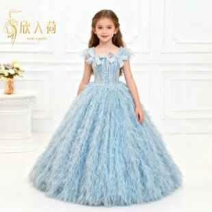 欣入荷蓝色羽毛晚礼服女童蓬蓬裙高级感轻奢主持人年会歌唱礼服潮