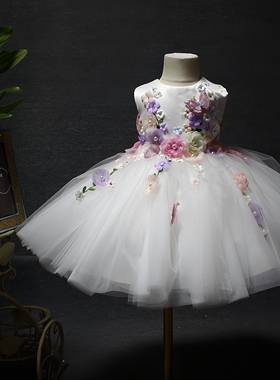 欣入荷女童周岁白色短款蝴蝶礼服公主裙蓬蓬裙主持舞台演出走秀