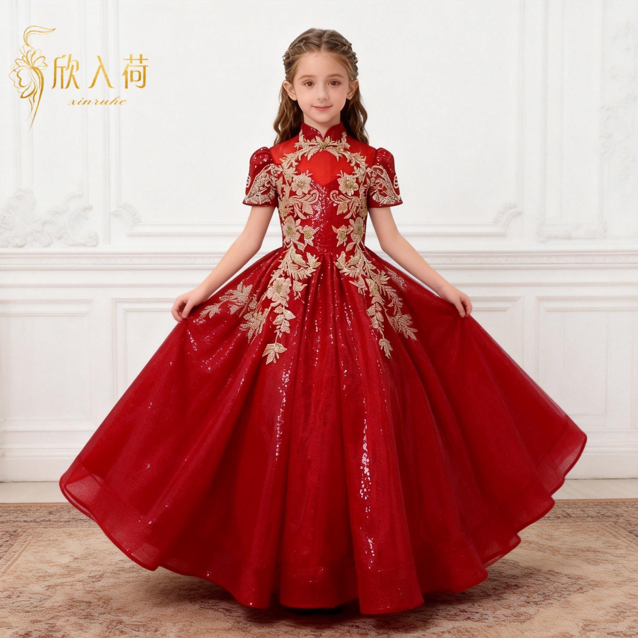 欣入荷新中式红色刺绣礼服女童花童演出服蓬蓬裙表演服装短袖长裙,童装/婴儿装/亲子装,儿童礼服,淘宝优惠券,粉丝福利购,淘宝优惠卷