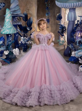 欣入荷童连衣裙新款童拖尾晚礼服公主裙花童婚礼女孩裙子粉紫色
