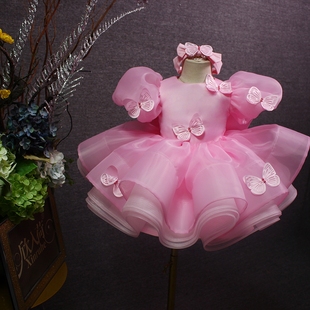 周岁女童粉色短款礼服蓬蓬裙网纱裙立体花朵蝴蝶主持人唱歌表演