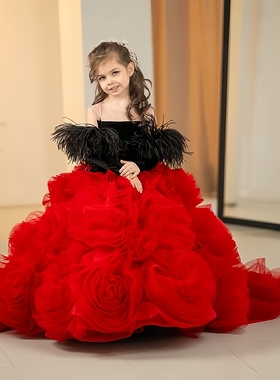 欣入荷红色女童长款礼服公主裙钢琴小提琴演奏生日聚会走秀高定