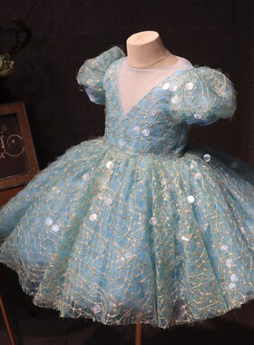 公主裙新款蓝色亮片礼服裙儿童连衣裙蓬蓬裙表演服主持人团队表演