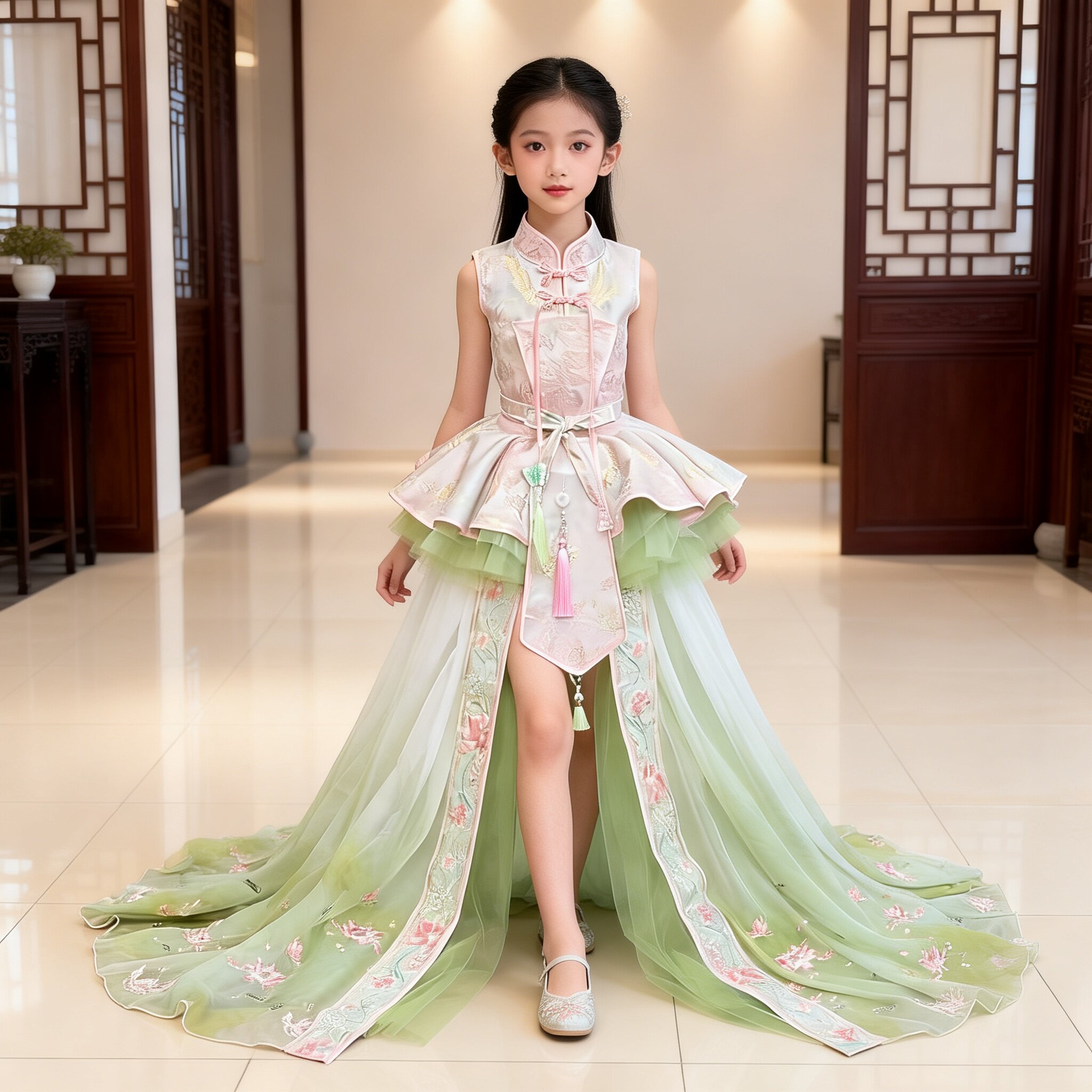 欣入荷新中式儿童拖尾礼服图片