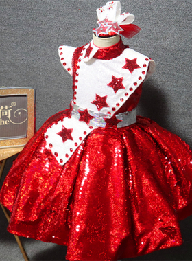 女童礼服红色主持红歌演出走秀高定亮片星星新款礼服大气