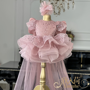 欣入荷女童粉色亮片短款礼服公主裙蓬蓬网纱裙儿童模特走秀演出服