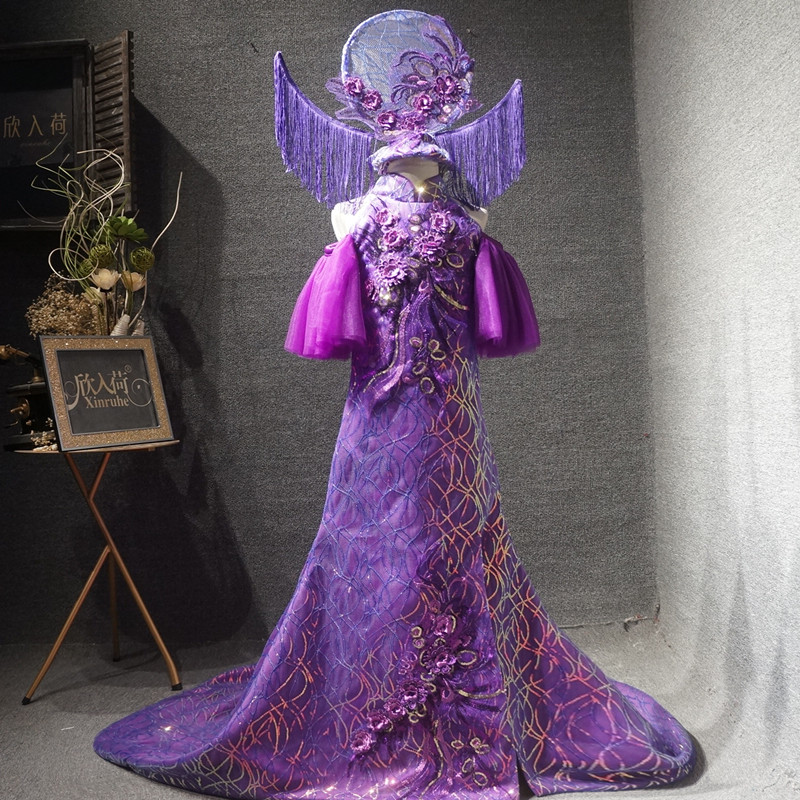 儿童紫色长款拖尾礼服女童宴会车模走秀中国风新年表演演出服