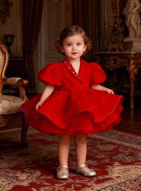 欣入荷红色泡泡袖西装领连衣裙女童网纱拼接蓬蓬裙千金风生日礼服