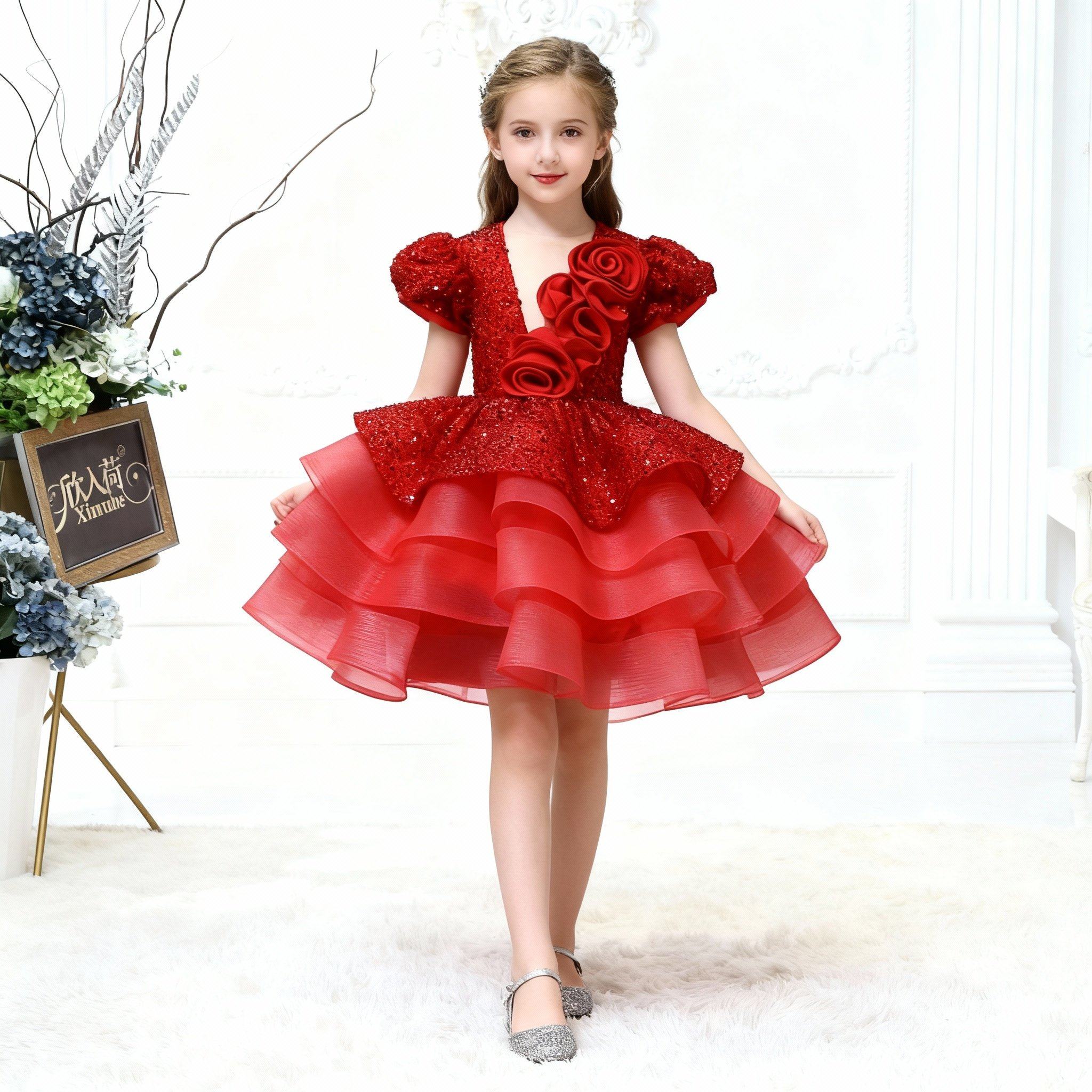 欣入荷红色花朵女童甜美主持钢琴演出生日聚会短款礼服裙蓬蓬裙,童装/婴儿装/亲子装,儿童礼服,淘宝优惠券,粉丝福利购,淘宝优惠卷