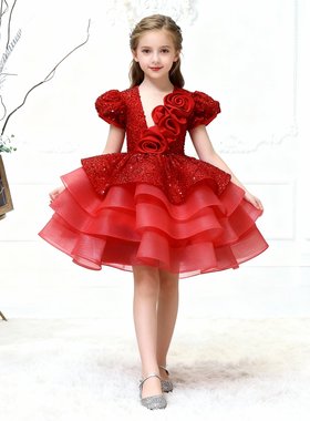 欣入荷红色花朵女童甜美主持钢琴演出生日聚会短款礼服裙蓬蓬裙