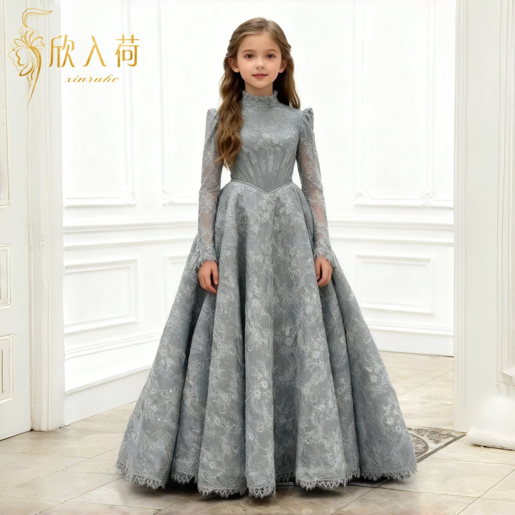 欣入荷灰色重工艺长袖蕾丝蓬蓬礼服女童高领朗诵演出艺考婚纱长裙,童装/婴儿装/亲子装,儿童礼服,淘宝优惠券,粉丝福利购,淘宝优惠卷