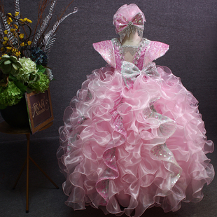 欣入荷女童粉色华丽大气长款公主裙主持钢琴演出聚会礼服裙蓬蓬裙