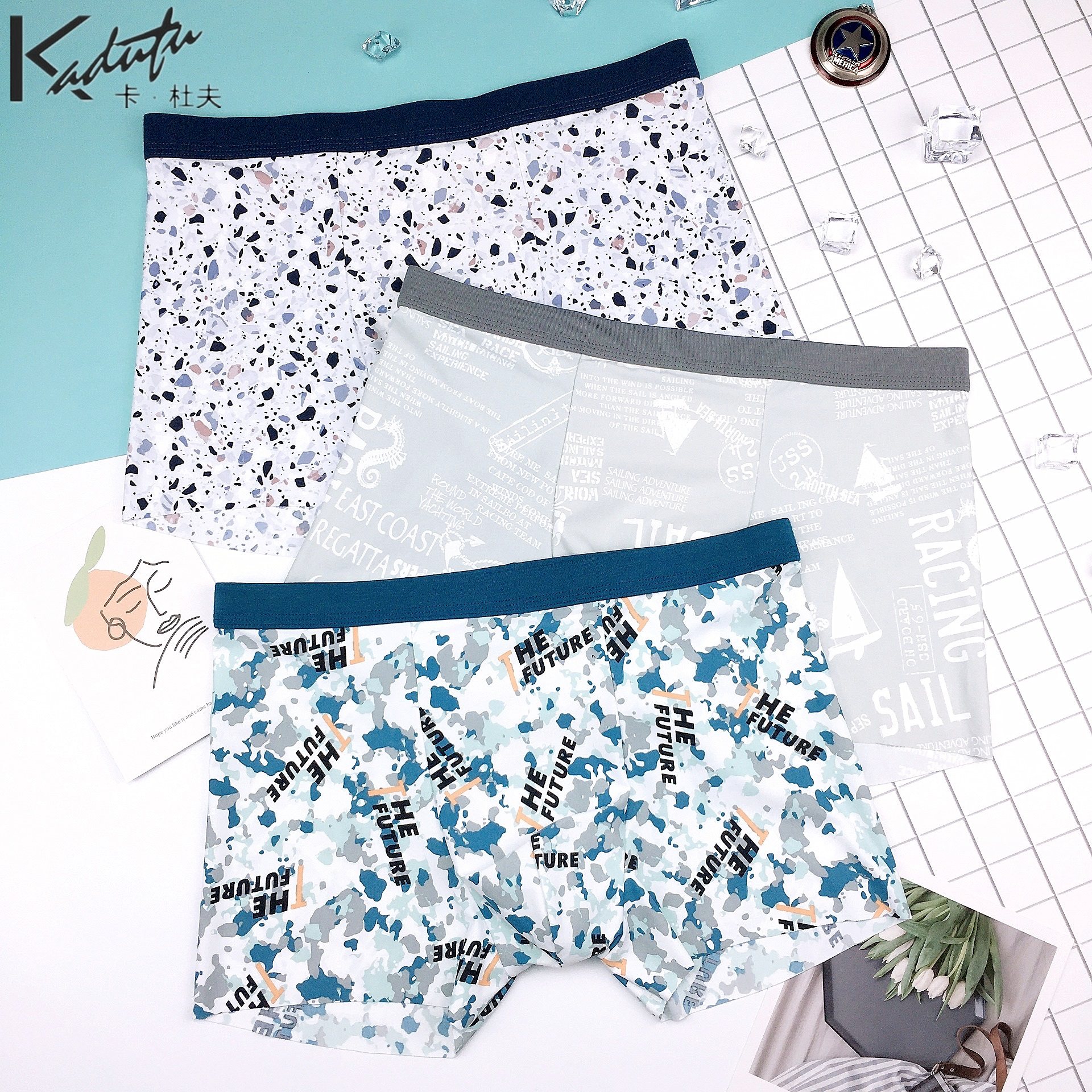 卡杜夫爽滑冰丝一片式无痕印花四角裤头透气抗菌速干男士平角内裤