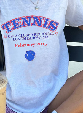 美式复古运动打网球tennis五角星字母vintage健身古着跑步街头T恤